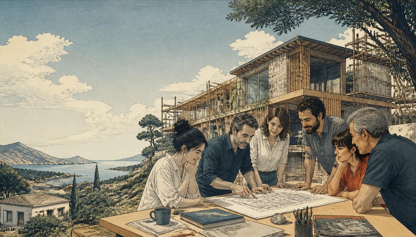 Autopromotores y profesionales compartiendo el plano de una vivienda