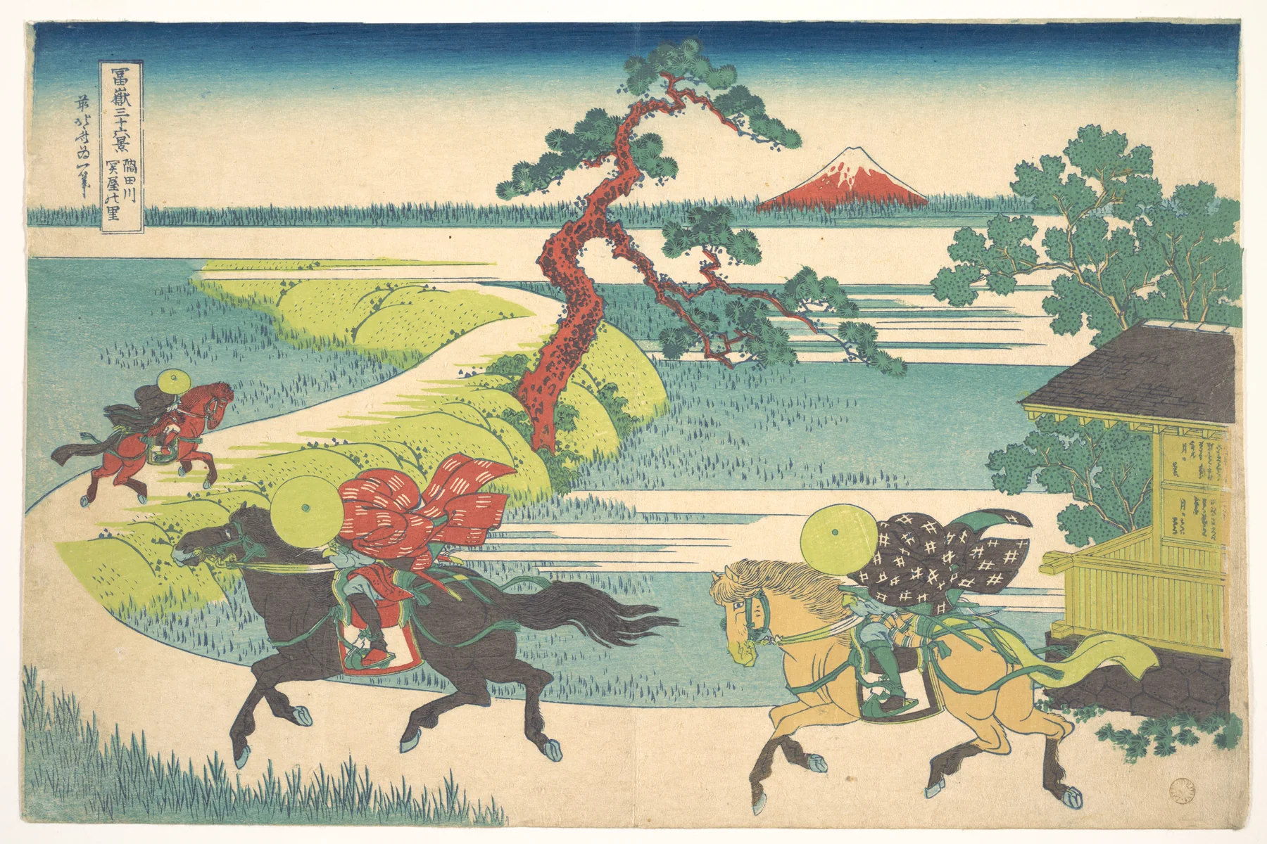 Viajeros atraviesan el paisaje de Sekiya ante el monte Fuji, estampa de Hokusai
